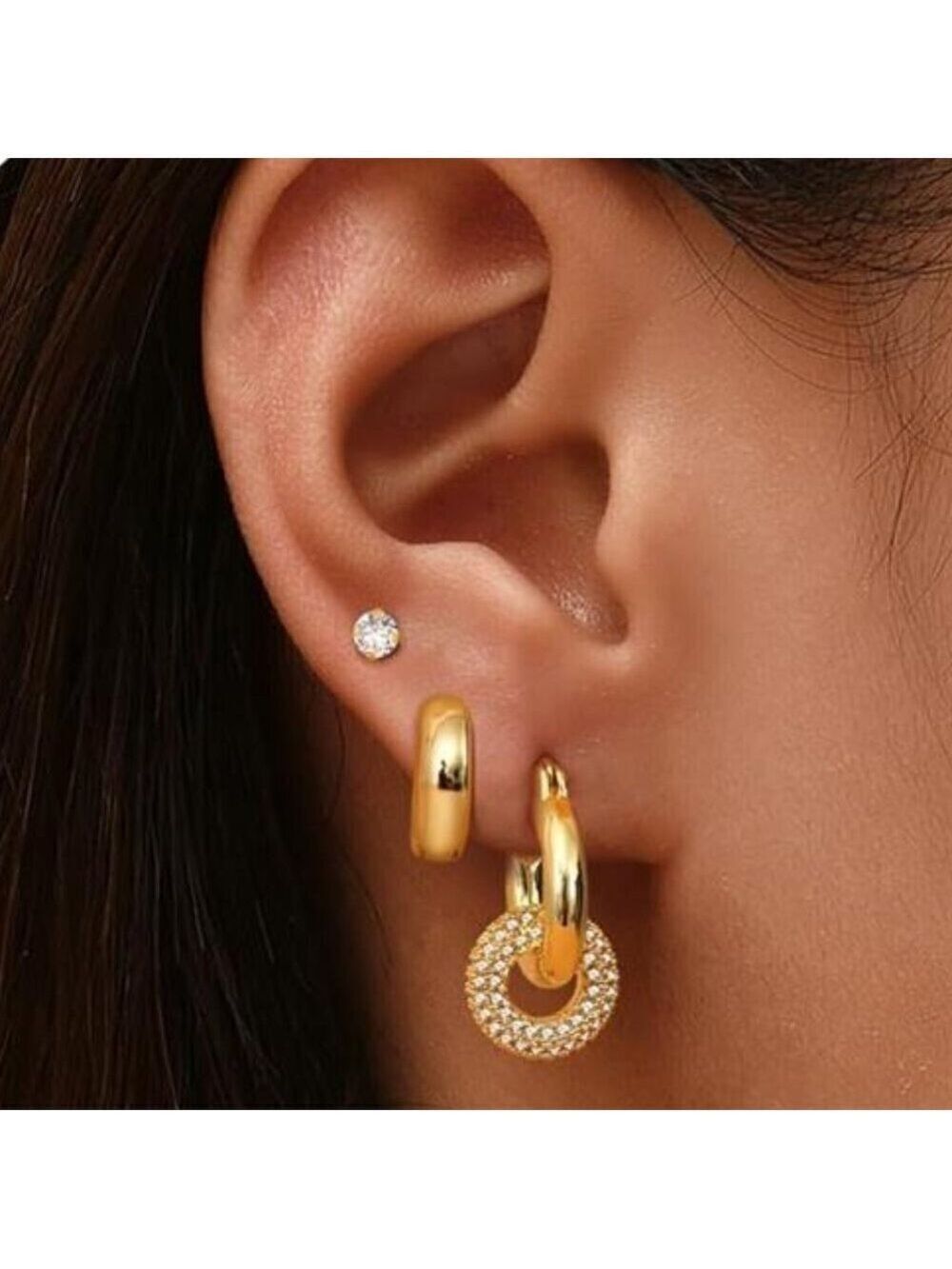 3 Pairs 14K Gold Plated Stackable Earrings Set Huggie Hoop Earrings